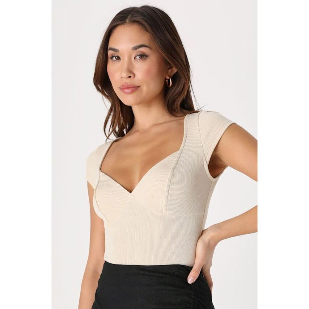 Lulus Sleek Sweetie Beige Cap Sleeve Bodysuit - Size L